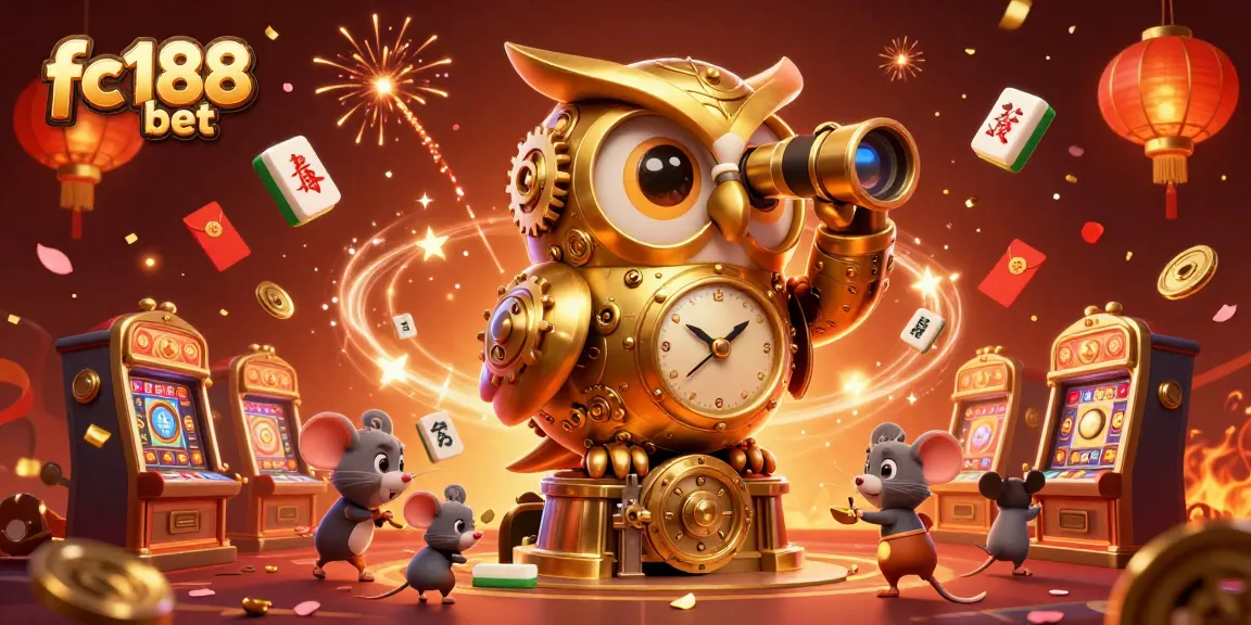 Engage with the vibrant fc188 bet scene featuring golden owls, festive elements, and lively gaming action.
