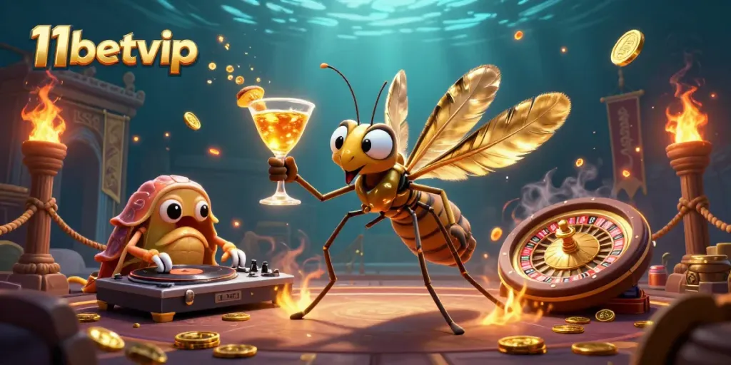 Experience thrilling gameplay at 11betvip with vibrant casino mosaic featuring dynamic characters and golden elements.