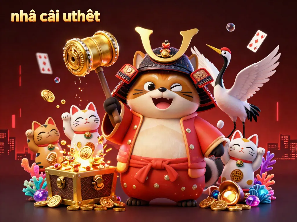 Engage with nhà cái uy tín as a cheerful tanuki and friends celebrate luck amidst shimmering casino treasures.