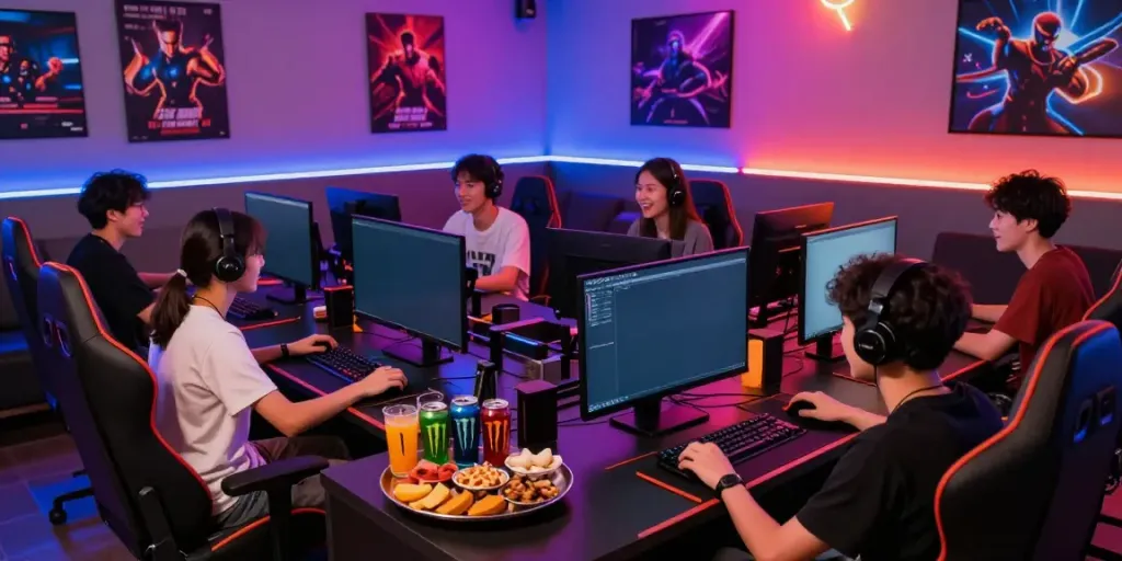 Friends enjoying gaming at Manclub's modern lounge, showcasing vibrant energy and excitement.