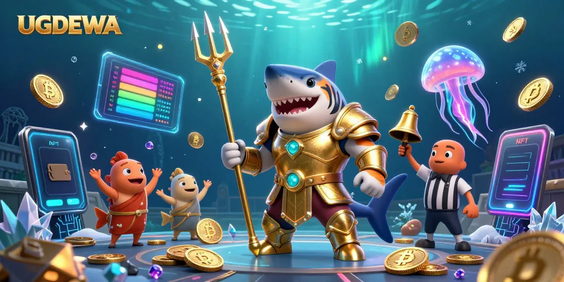 Engage with UGDEWA's dynamic underwater casino scene featuring a tiger shark amidst crypto coins.
