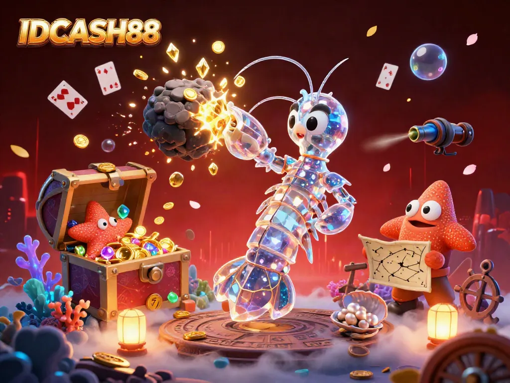 Experience the thrill of IDCASH88 with vibrant 3D cartoon characters and dynamic slot elements in an underwater casino adventure.