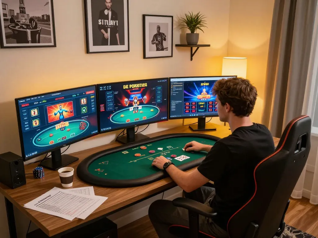 Player engaged in online poker, analyzing strategies on multiple screens with an inviting gaming atmosphere for EU players.