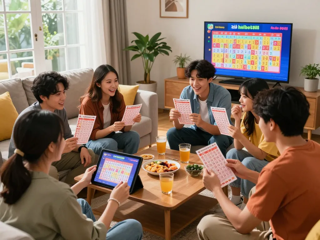 Excited friends analyzing their tickets for xổ số hubet88 in a cozy living room.