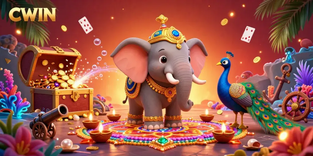 CWIN offers an energetic gambling experience with vibrant characters and dazzling game elements in a colorful 3D scene.