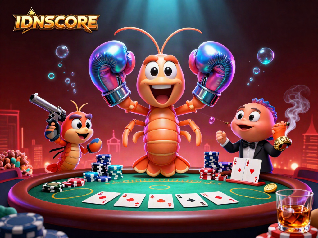 IDNSCORE showcases an electrifying poker scene with vibrant characters and dynamic casino elements.