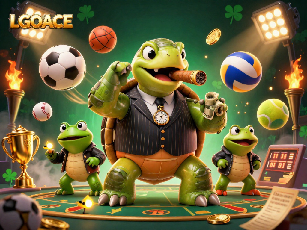 LGOACE highlights thrilling sports betting with a lively scene of cartoon characters and gold elements.