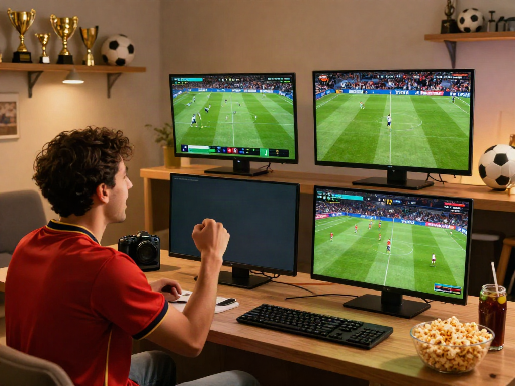 Football fan watching live matches on multiple screens at https://socolive8.media/ with vibrant sports memorabilia.