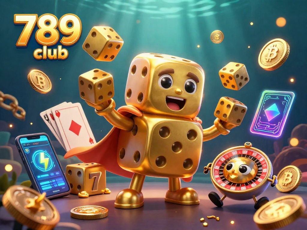 Experience the excitement of 789 club with a 3D cartoon dice golem juggling, showcasing casino games and crypto elements.