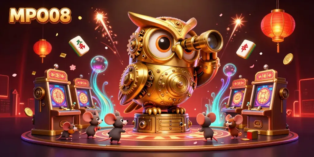 MPO08 features a golden owl overseeing a bustling casino scene with lively slot machines and playful mice.