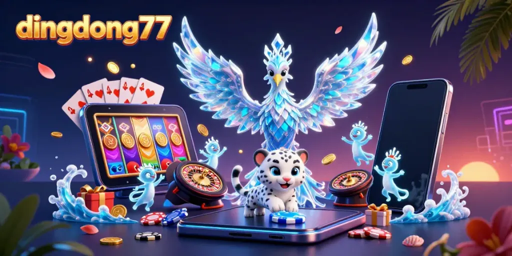Experience thrilling gameplay options at dingdong77 with an ice phoenix, slot games, and vibrant casino elements.