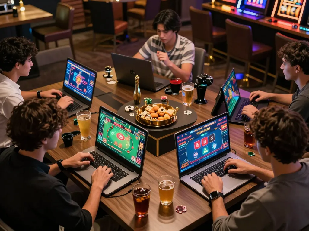 J188 players engaging in exciting online casino games, celebrating wins on vibrant screens.