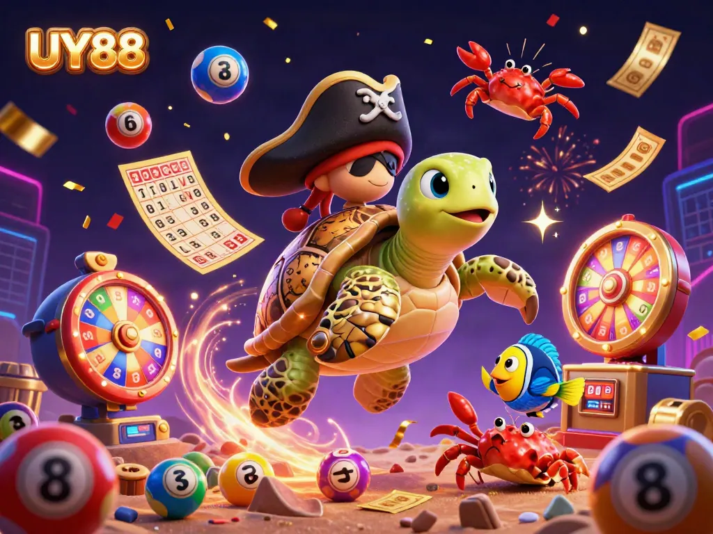 Experience the excitement of UY88 with a colorful scene of vibrant casino elements and characters.
