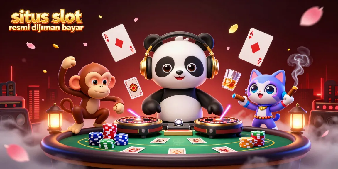 Situs slot resmi dijamin bayar, ilustrasi kartun dengan DJ panda dan karakter hewan dalam suasana kasino yang penuh warna