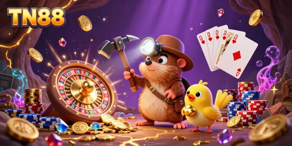 Experience the thrill of TN88 with our treasure hunter mole in a vibrant, dynamic casino scene!