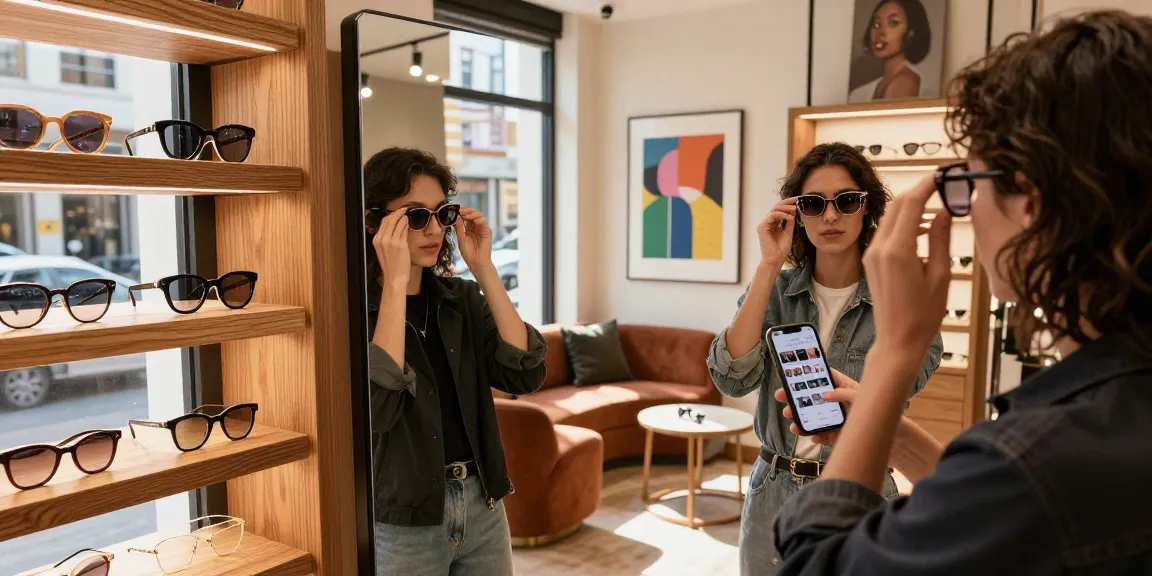 Person trying on stylish óculos de grau in a modern eyewear boutique.