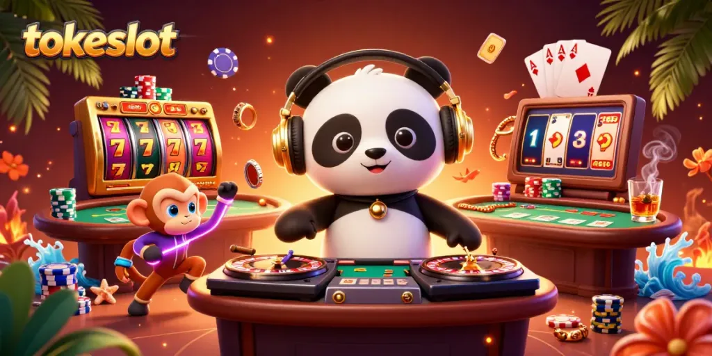 TokeSlot showcases an energetic 3D scene with a DJ panda, dancing monkey, and rave kitten in a vibrant casino setting.