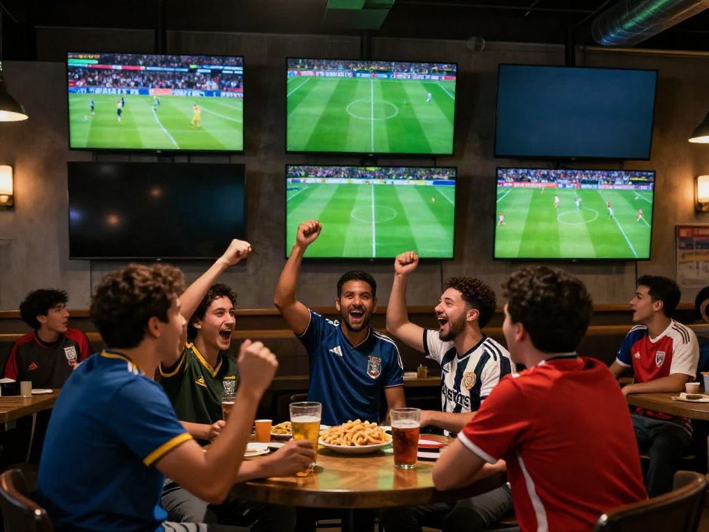 Excited fans watching live football matches at https://thapcamtvlive.live/, creating a vibrant sports bar atmosphere.