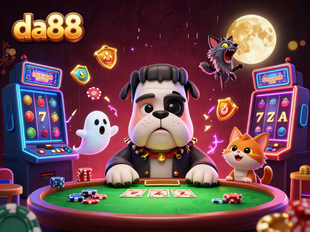 Engaging 3D casino scene with the da88 brand featuring a bulldog dealer and vibrant slot elements.