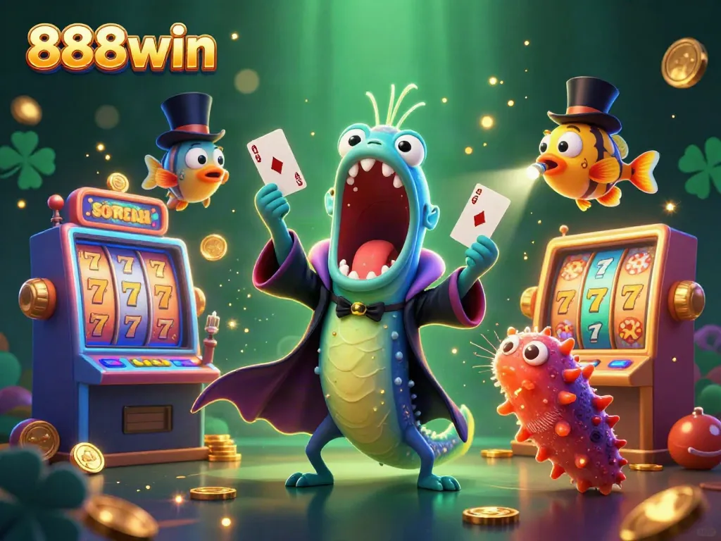 Experience excitement with vibrant 888win casino characters performing tricks amidst slot machines, winning vibes.