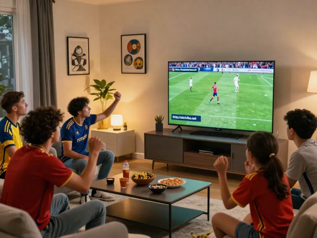 Excited fans enjoying a live soccer match from https://xoilactvlive.net/ in a cozy living room.