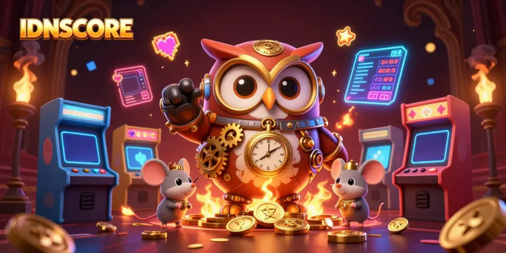 IDNSCORE showcasing a lively casino scene with a time-traveling owl and vibrant game machines.