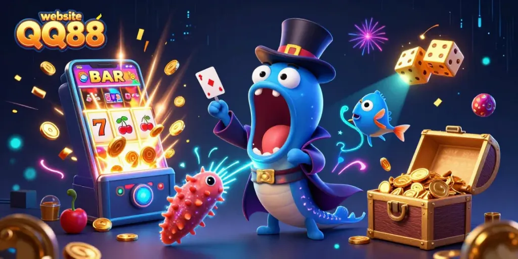 Experience the magic of website QQ88 with a unique 3D casino scene featuring colorful characters and vibrant elements.