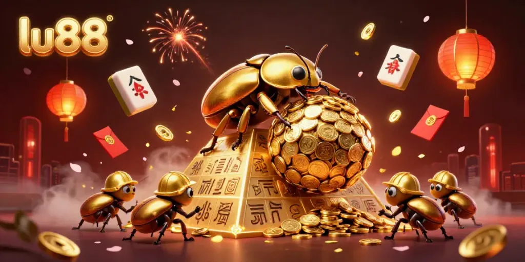 Experience epic gameplay with lu88 as golden dung beetles roll coin-filled jackpots in this vibrant 3D scene.