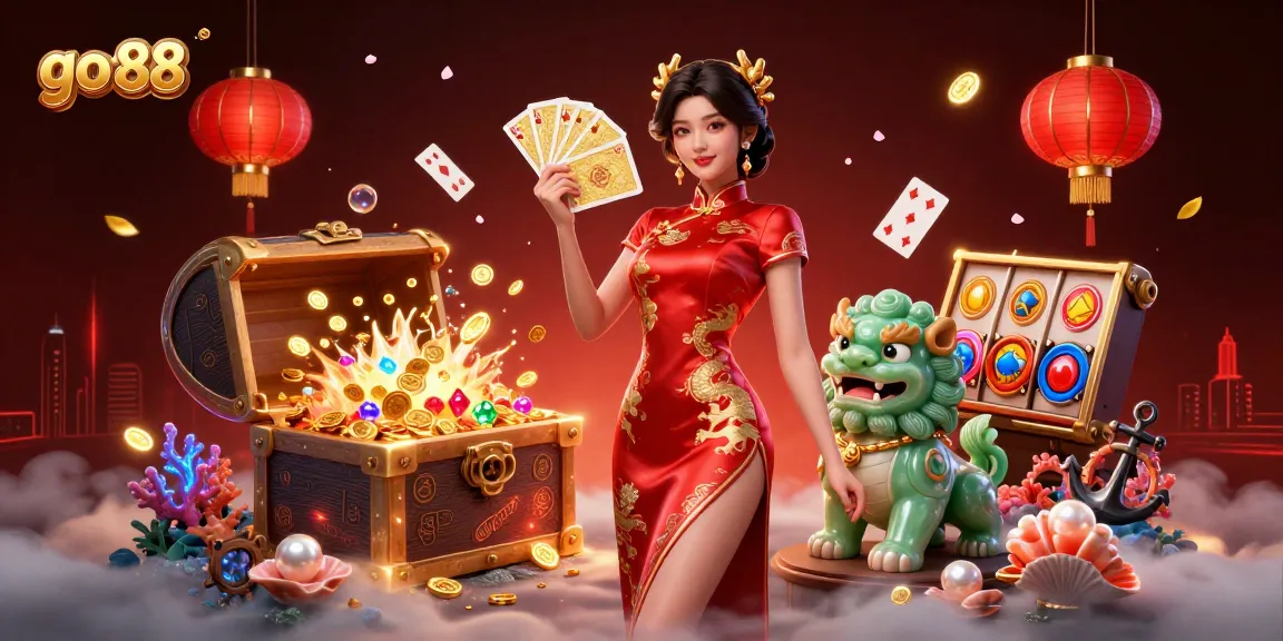 Win big with go 88 in a vibrant casino scene featuring playing cards and gold coins.