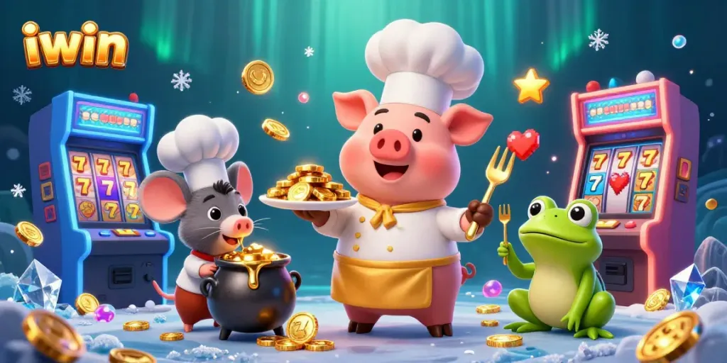 Join the excitement with iwin's vibrant scene of casino elements and adorable characters.