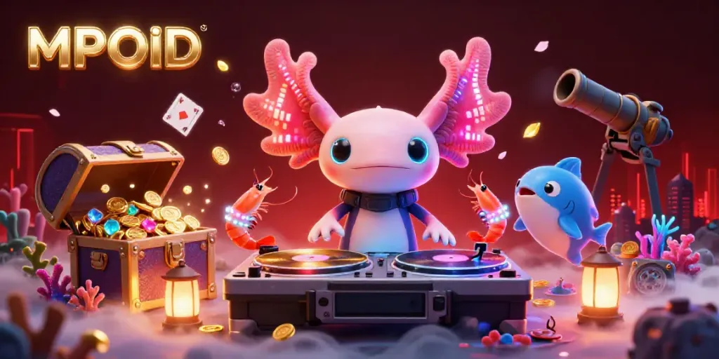 Experience the vibrant MPOID underwater casino scene with a neon axolotl DJ and treasure-filled adventures.
