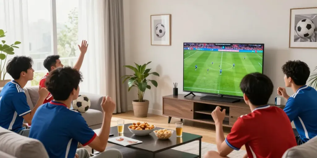 Fans enjoying a live football match at home via https://gavangtv.life/, showcasing excitement and camaraderie.