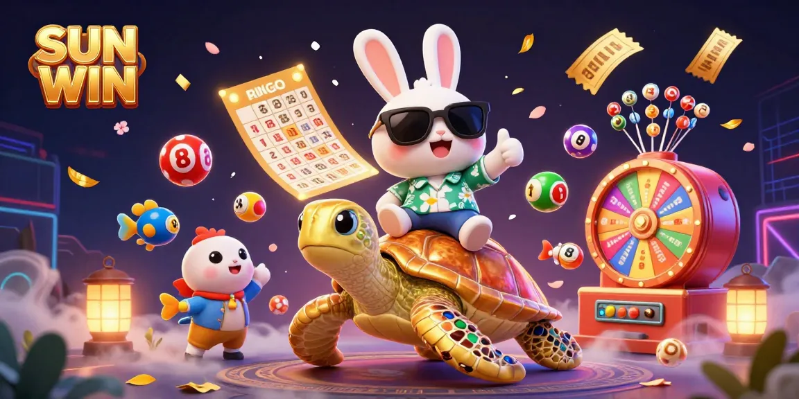 Join the excitement at SUN WIN with a lively scene featuring lucky characters and vibrant gambling elements.