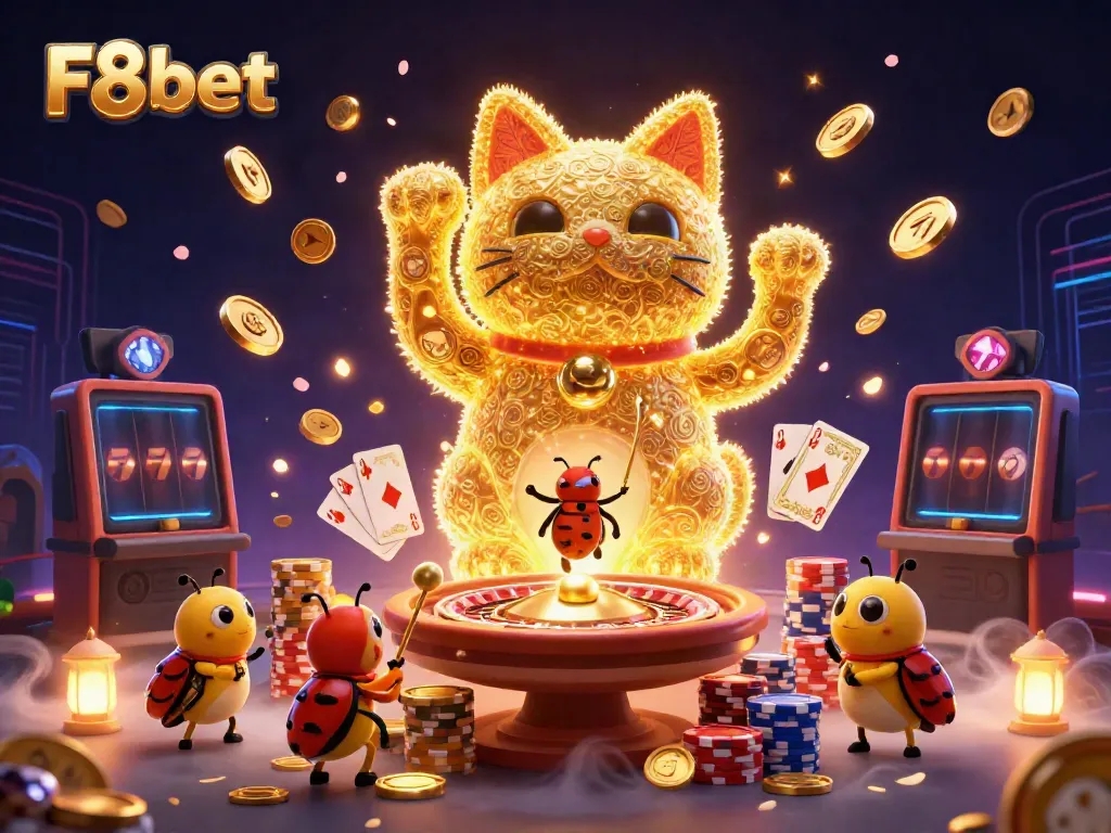 Experience the vibrant world of F8bet with a cartoon lucky cat and dazzling casino symbols.