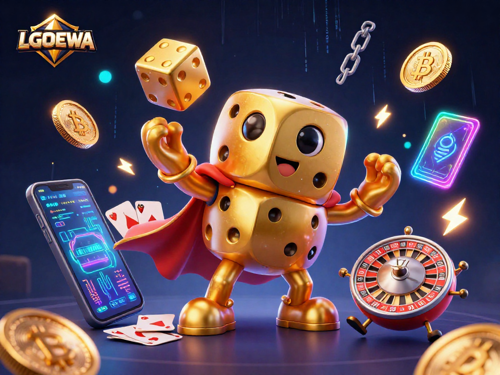 Engage with the vibrant world of LGODEWA featuring a golden dice golem and crypto elements.