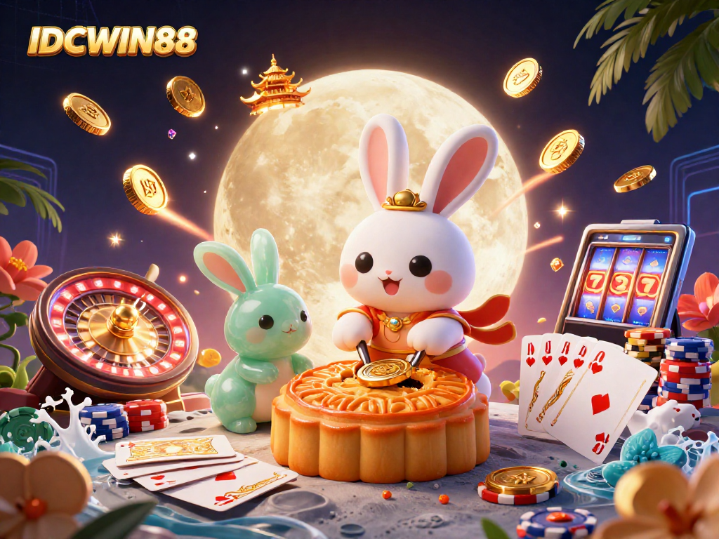 Play and win big with IDCWIN88, the premier online gaming platform featuring moon rabbits and vibrant casino symbols.
