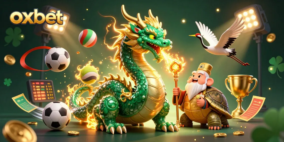 Engage with oxbet's vibrant casino scene depicting a jade dragon and lucky cranes amidst dynamic sports elements.