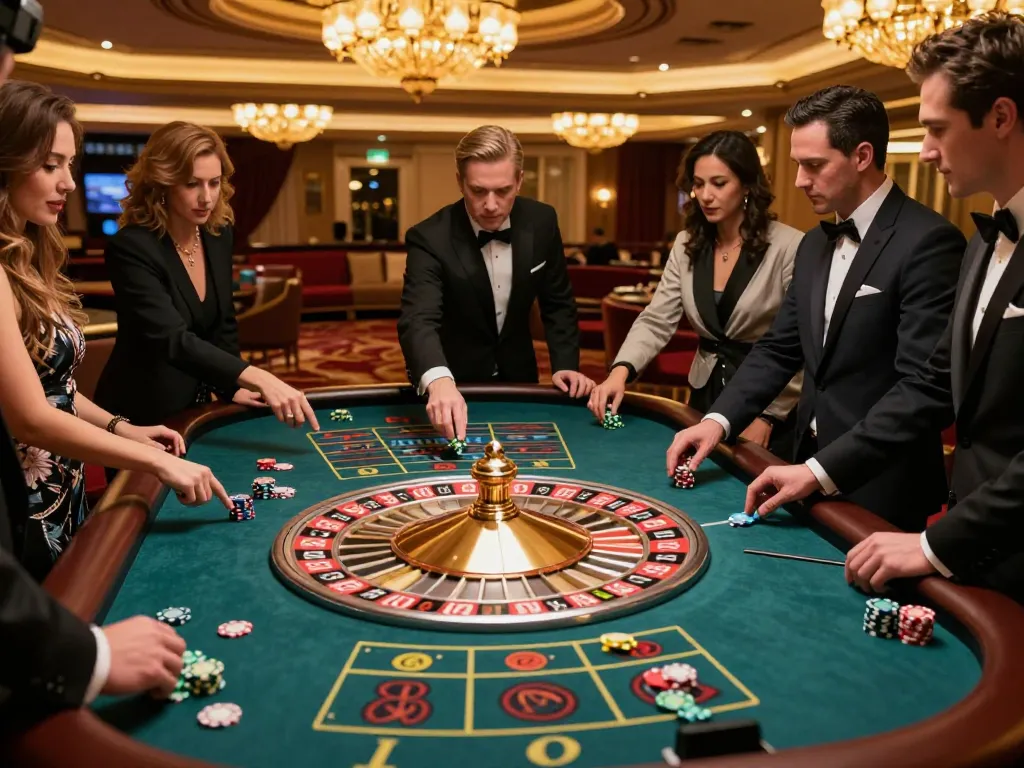 Players watching the roulette wheel spin at a vibrant casino, engaging in j88 excitement.