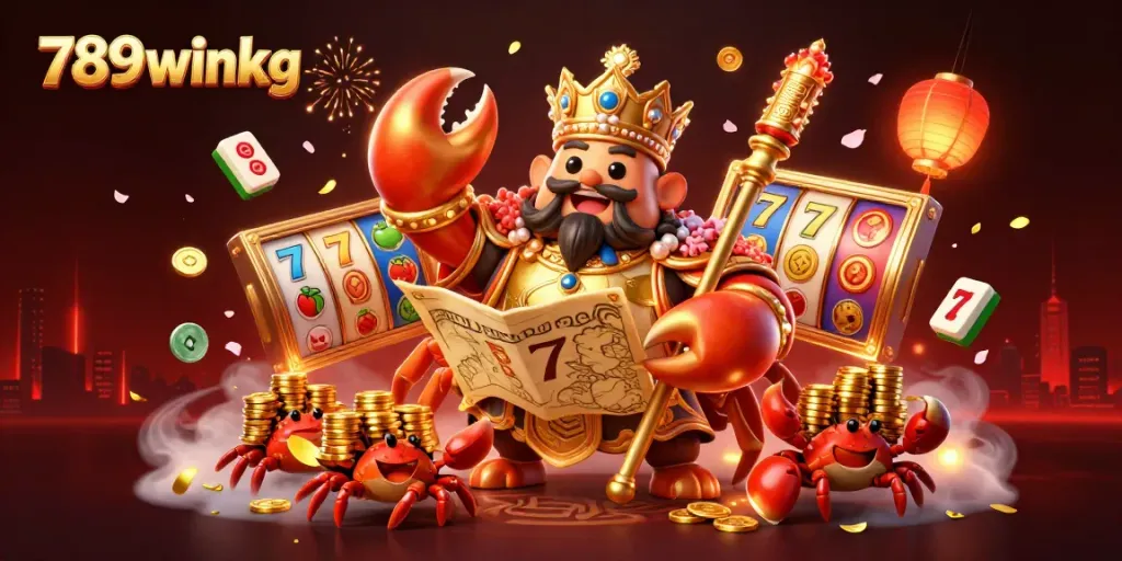 Engaging players at 789winkg with vibrant illustrations of a golden crab emperor and slots.