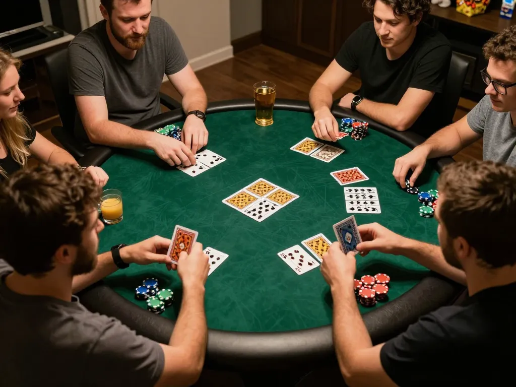 Friends enjoying an exciting poker night at home while strategizing their bets on fb88 platform