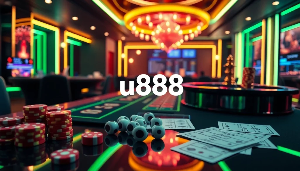 Experience the thrill of gambling at u888 with a vibrant online casino scene showcasing poker chips and roulette.