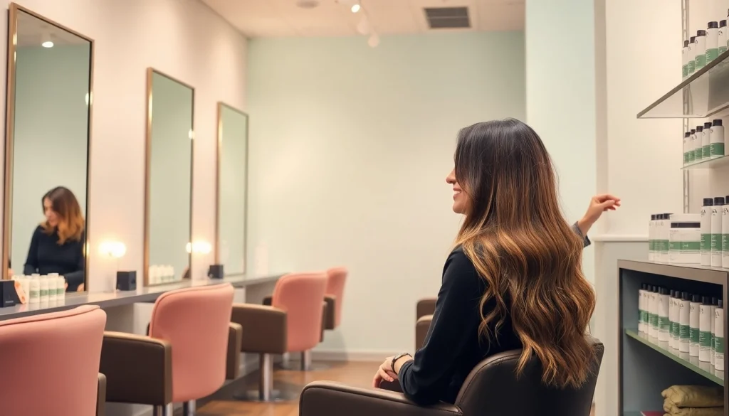 Stylish interior of hair salons San Diego, featuring Aveda products and a stylist with a client.