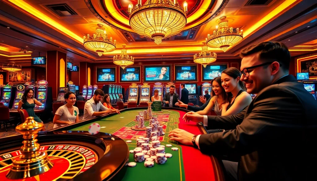 Players enjoying games at https://lucky88s.fit/ in a luxurious and vibrant casino setting.