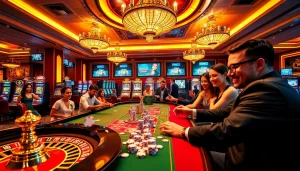 Players enjoying games at https://lucky88s.fit/ in a luxurious and vibrant casino setting.