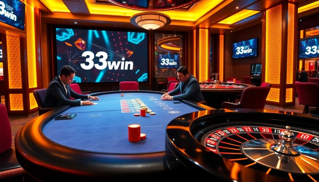 Exciting poker game in a luxurious casino showcasing 33win's vibrant atmosphere and betting action.