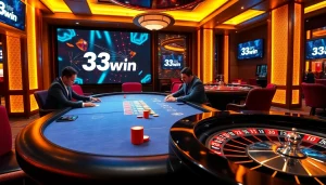 Exciting poker game in a luxurious casino showcasing 33win's vibrant atmosphere and betting action.