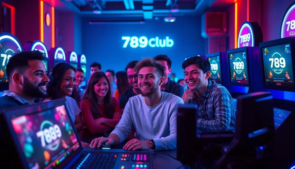 The thrilling environment of 789Club đăng nhập, showcasing enthusiastic gamers engaged with vibrant screens and dynamic gameplay in a modern setup.