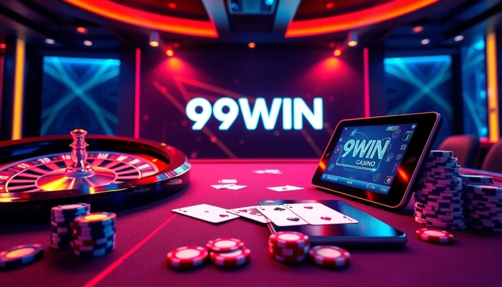 Experience thrilling gameplay at 99WIN with vibrant casino elements, including poker chips and a roulette wheel.
