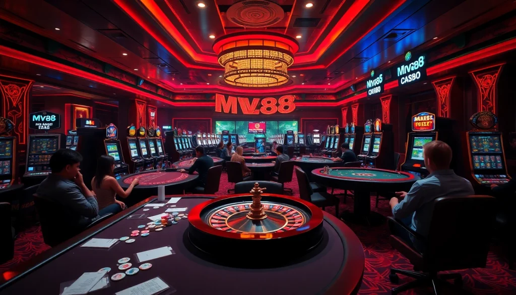 Players enjoying the thrill of gambling at MV88 casino tables with vibrant slots and poker setups.