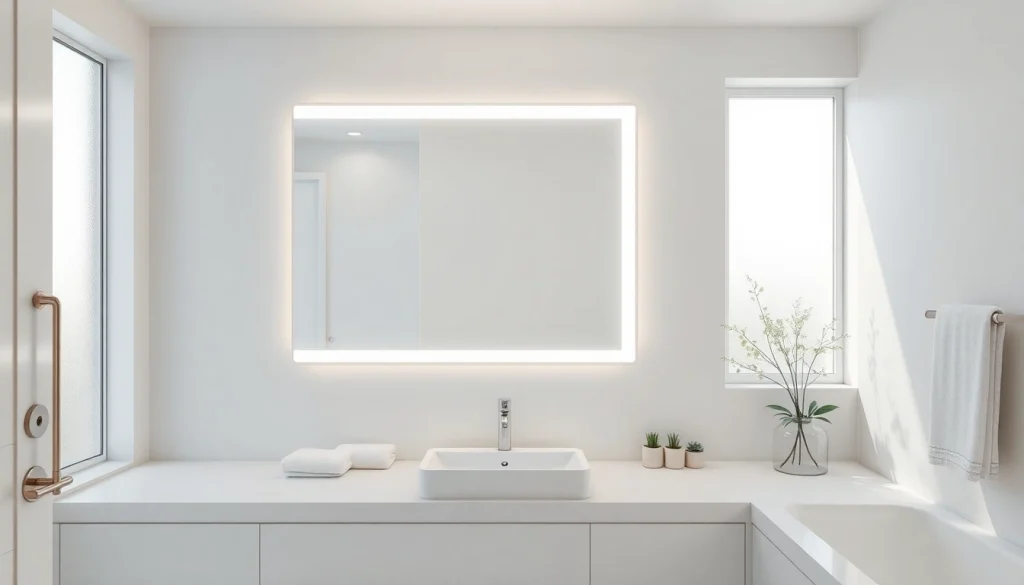 Enhance your space with modern mirror and led lights in a stylish bathroom setting.